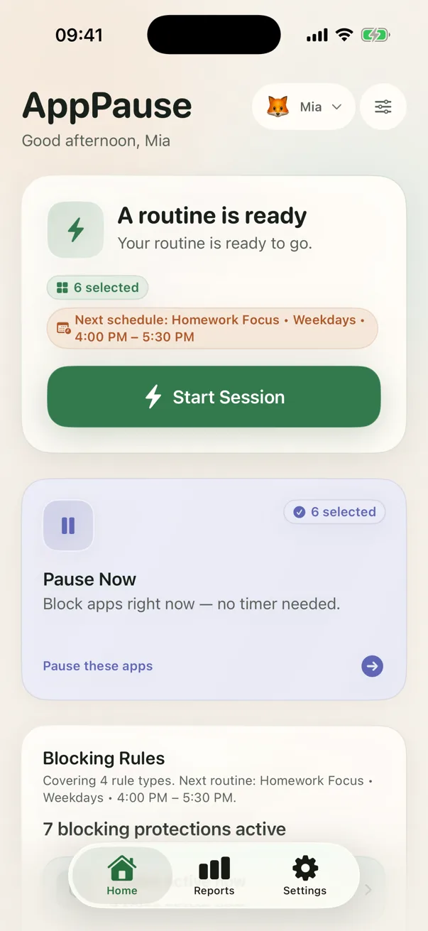 AppPause home screen with a ready routine and Start Session for Mia